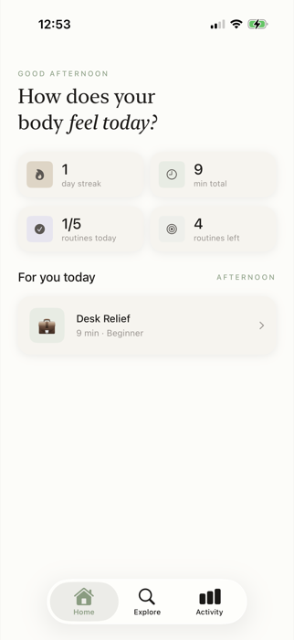 Home screen. How does your body feel today?